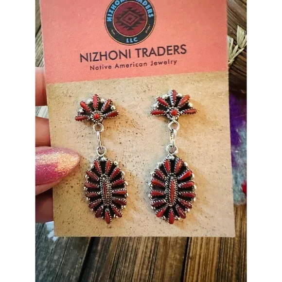 Handcrafted Coral & Sterling Silver Cluster Dangle Earrings